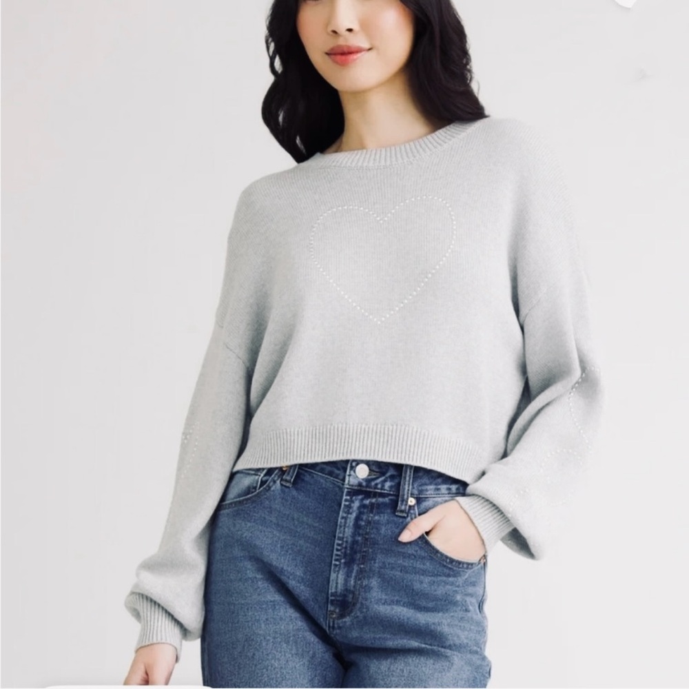 Cropped Steve Madden Gray Heart Sweater w Embellishments